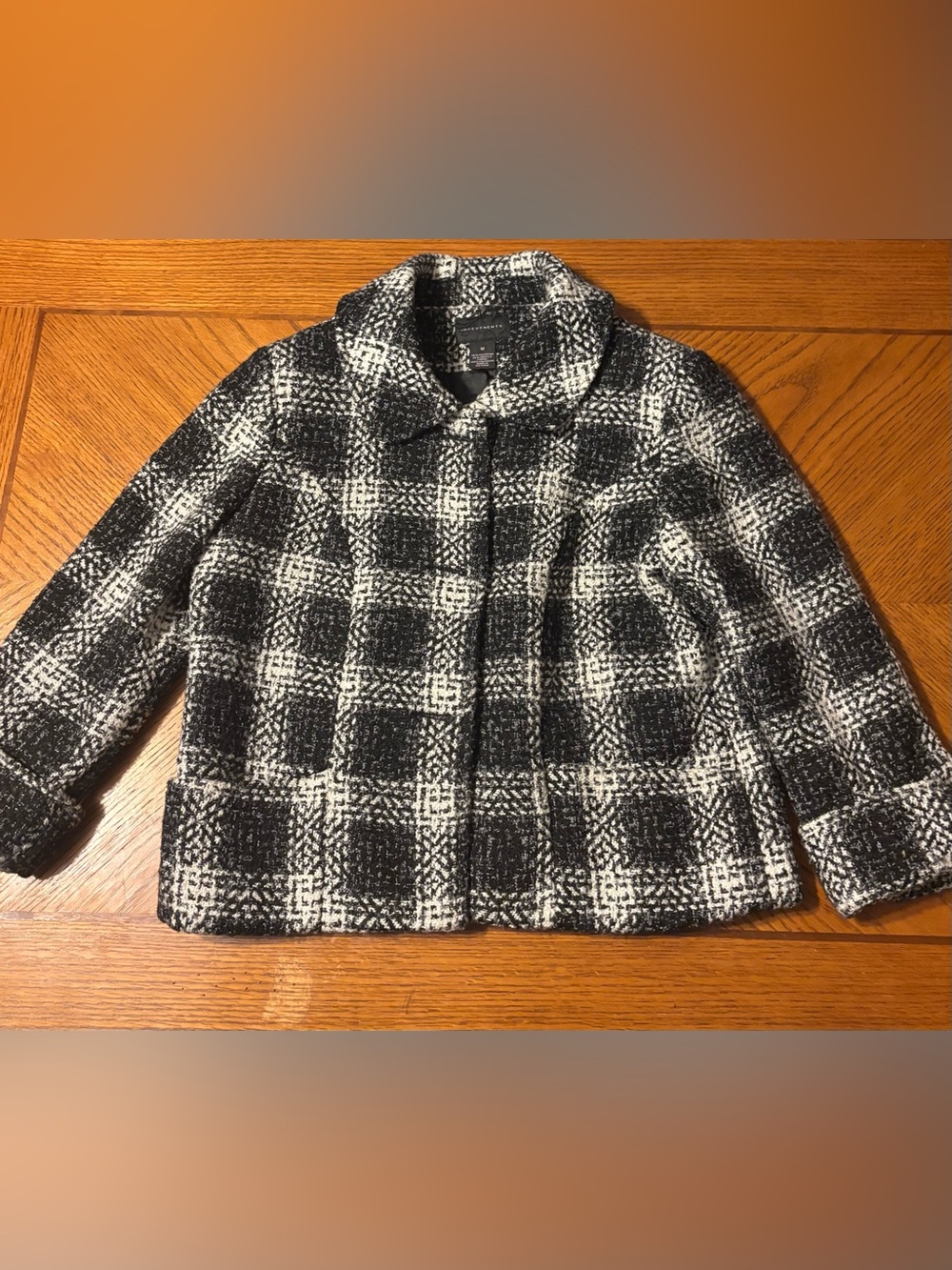 Investments Black and White Plaid Pea Coat size medium